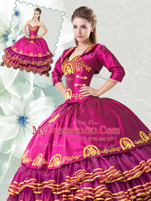 Fuchsia Ball Gowns Embroidery and Ruffled Layers Vestidos de Quinceanera Lace Up Organza and Taffeta Sleeveless Floor Length