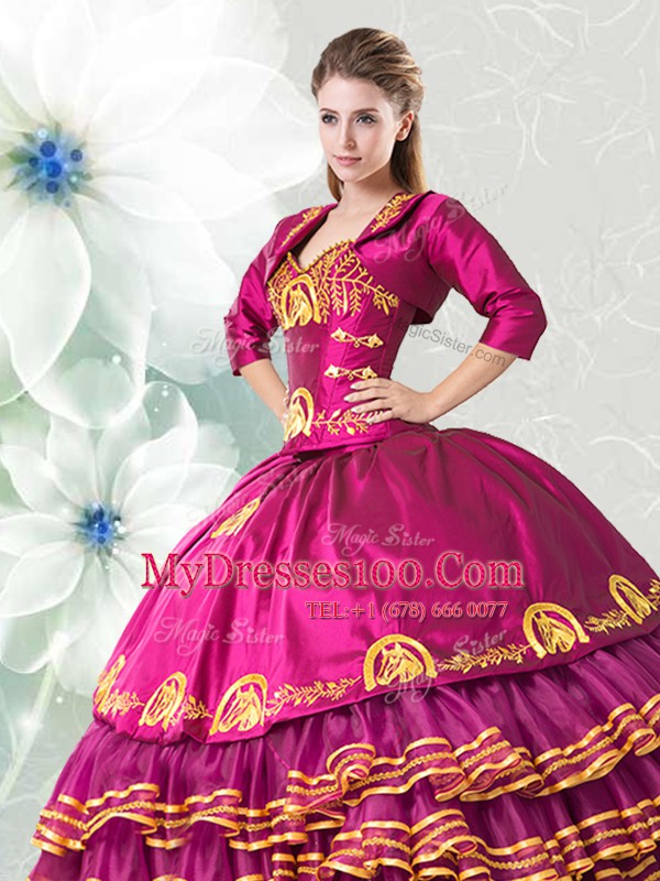 Fuchsia Ball Gowns Embroidery and Ruffled Layers Vestidos de Quinceanera Lace Up Organza and Taffeta Sleeveless Floor Length
