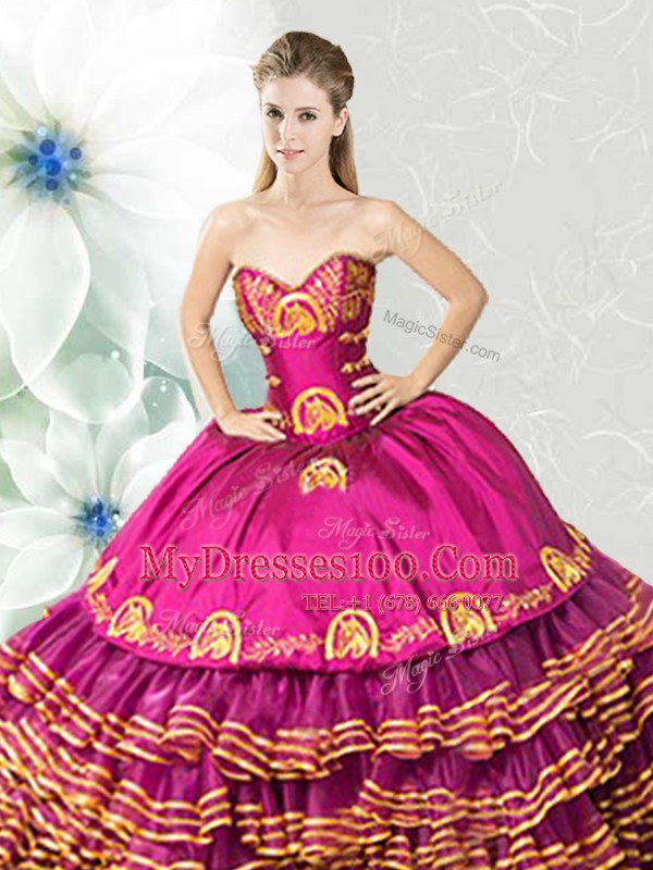 Fuchsia Ball Gowns Embroidery and Ruffled Layers Vestidos de Quinceanera Lace Up Organza and Taffeta Sleeveless Floor Length