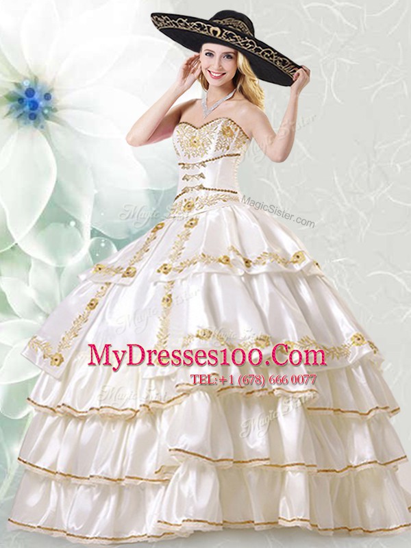 Floor Length Lace Up Quinceanera Dress White for Military Ball and Sweet 16 and Quinceanera with Embroidery and Ruffled Layers