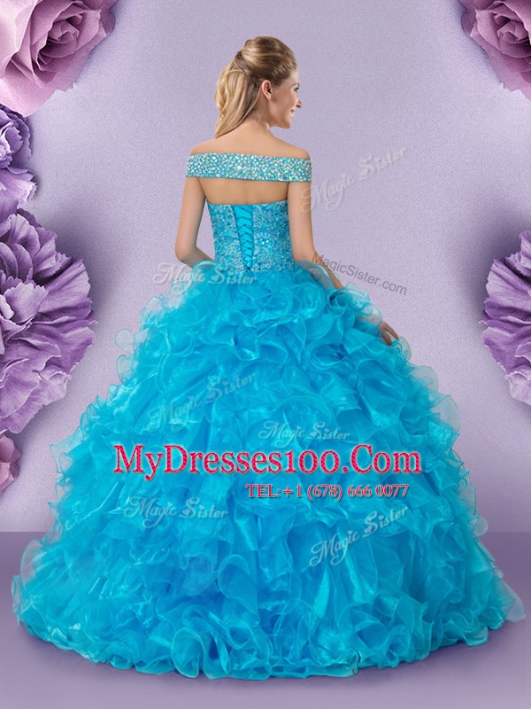 Off The Shoulder Sleeveless Organza Quinceanera Dresses Beading and Lace and Ruffles Lace Up