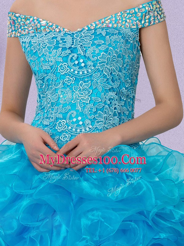 Off The Shoulder Sleeveless Organza Quinceanera Dresses Beading and Lace and Ruffles Lace Up