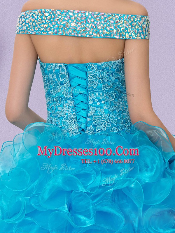 Off The Shoulder Sleeveless Organza Quinceanera Dresses Beading and Lace and Ruffles Lace Up