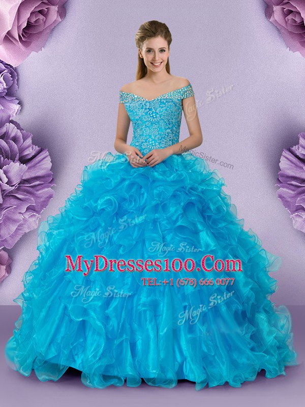 Off The Shoulder Sleeveless Organza Quinceanera Dresses Beading and Lace and Ruffles Lace Up