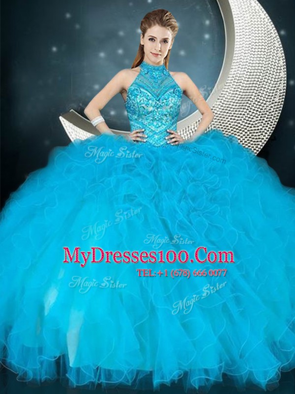 Halter Top Baby Blue Tulle Lace Up Sweet 16 Dress Sleeveless Floor Length Beading and Ruffles