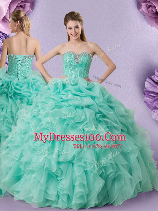 Apple Green Ball Gowns Beading and Ruffles and Pick Ups Quinceanera Gowns Lace Up Organza Sleeveless Floor Length