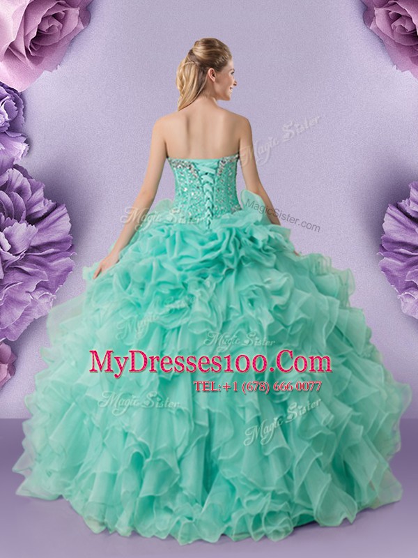 Apple Green Ball Gowns Beading and Ruffles and Pick Ups Quinceanera Gowns Lace Up Organza Sleeveless Floor Length