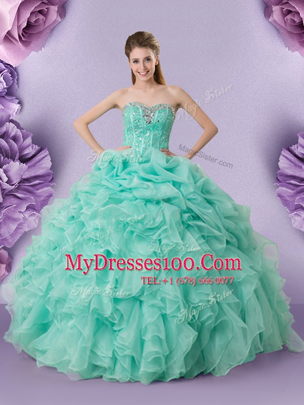 Apple Green Ball Gowns Beading and Ruffles and Pick Ups Quinceanera Gowns Lace Up Organza Sleeveless Floor Length