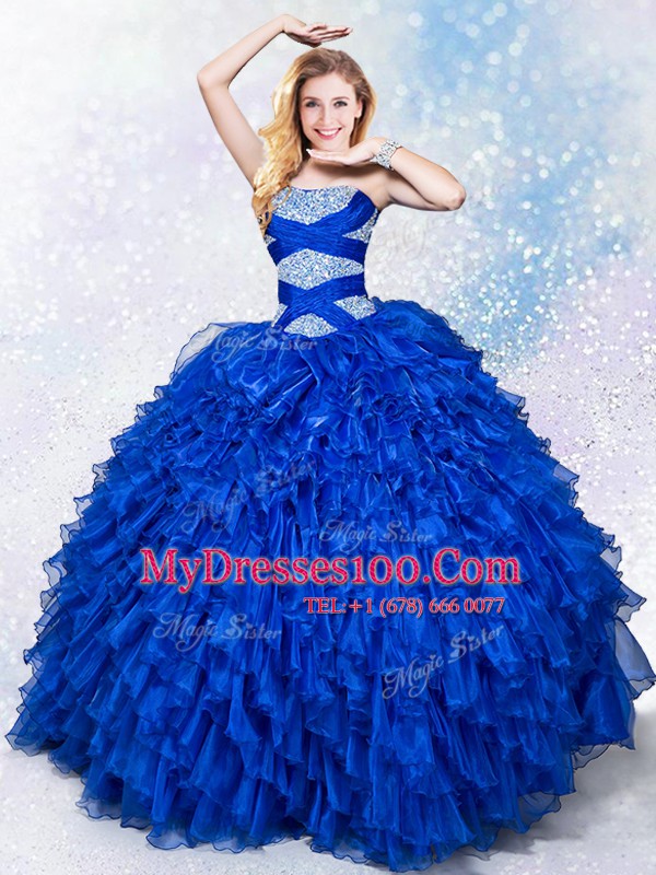 Great Royal Blue Sleeveless Beading and Ruffles Floor Length Quinceanera Gowns