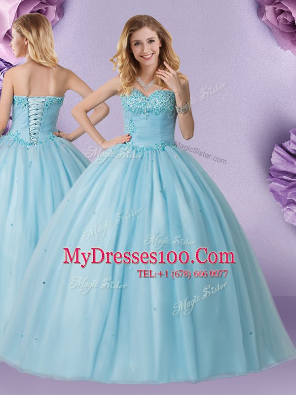 Sleeveless Floor Length Beading Lace Up Sweet 16 Dress with Light Blue