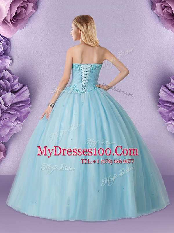 Sleeveless Floor Length Beading Lace Up Sweet 16 Dress with Light Blue