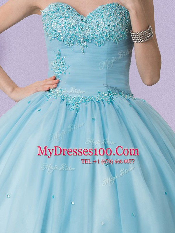 Sleeveless Floor Length Beading Lace Up Sweet 16 Dress with Light Blue