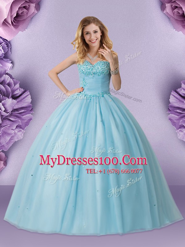 Sleeveless Floor Length Beading Lace Up Sweet 16 Dress with Light Blue