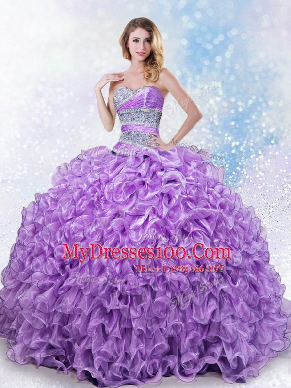 Beading and Ruffles 15 Quinceanera Dress Lavender Lace Up Sleeveless Floor Length