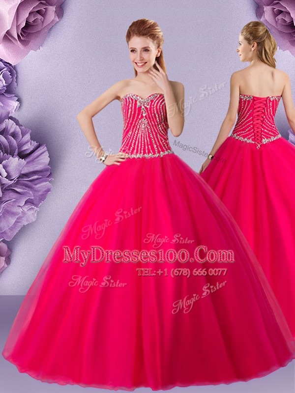 Hot Pink Tulle Lace Up Quinceanera Dresses Sleeveless Floor Length Beading