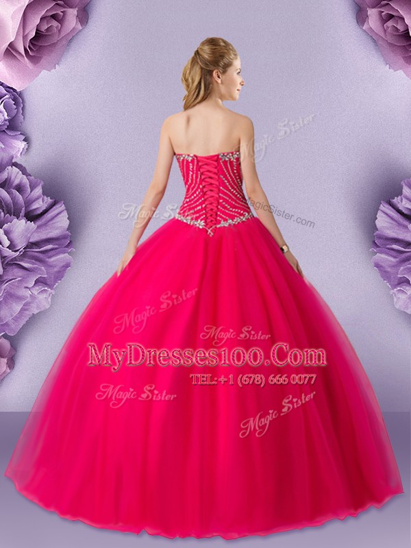 Hot Pink Tulle Lace Up Quinceanera Dresses Sleeveless Floor Length Beading