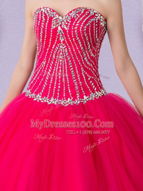 Hot Pink Tulle Lace Up Quinceanera Dresses Sleeveless Floor Length Beading