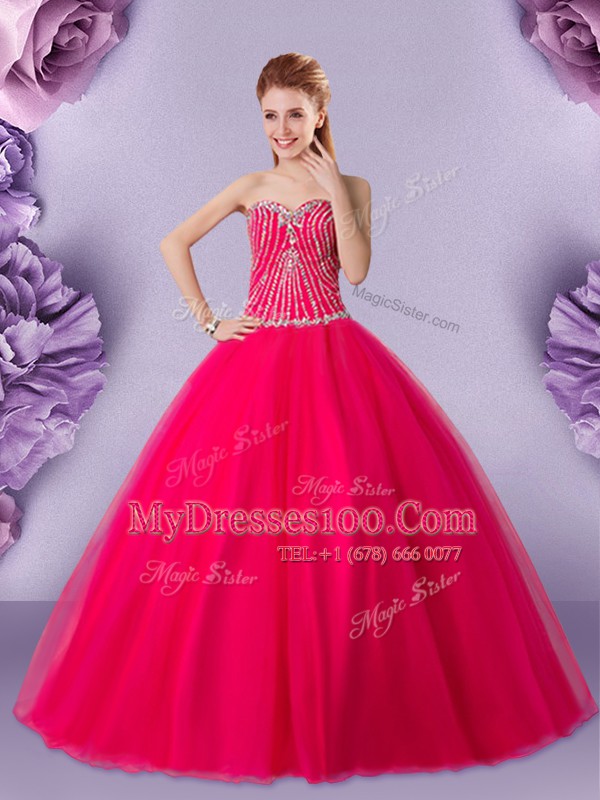 Hot Pink Tulle Lace Up Quinceanera Dresses Sleeveless Floor Length Beading