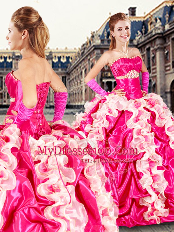 Top Selling Hot Pink Ball Gowns Beading and Ruffles and Pick Ups Sweet 16 Dress Lace Up Organza and Taffeta Sleeveless Floor Length