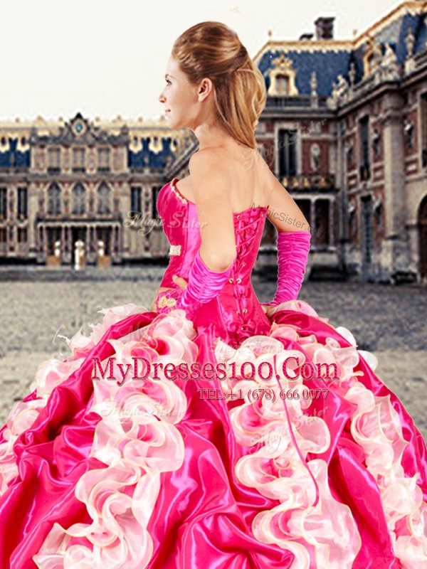 Top Selling Hot Pink Ball Gowns Beading and Ruffles and Pick Ups Sweet 16 Dress Lace Up Organza and Taffeta Sleeveless Floor Length