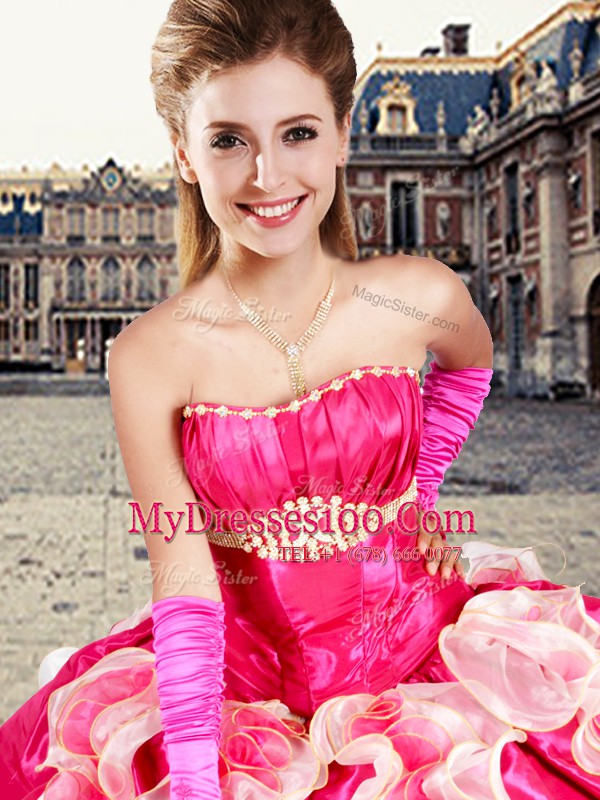 Top Selling Hot Pink Ball Gowns Beading and Ruffles and Pick Ups Sweet 16 Dress Lace Up Organza and Taffeta Sleeveless Floor Length