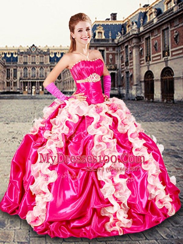 Top Selling Hot Pink Ball Gowns Beading and Ruffles and Pick Ups Sweet 16 Dress Lace Up Organza and Taffeta Sleeveless Floor Length