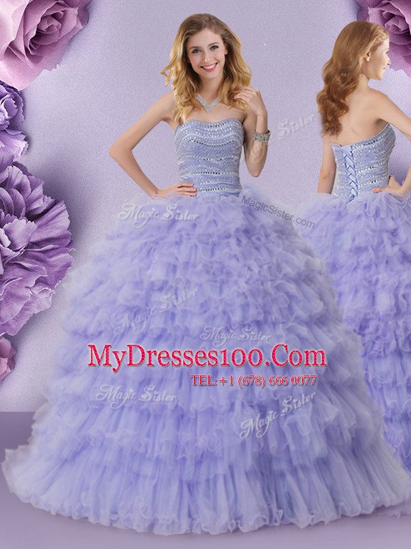 Best Selling Lavender Lace Up Strapless Beading and Ruffled Layers 15th Birthday Dress Tulle Sleeveless