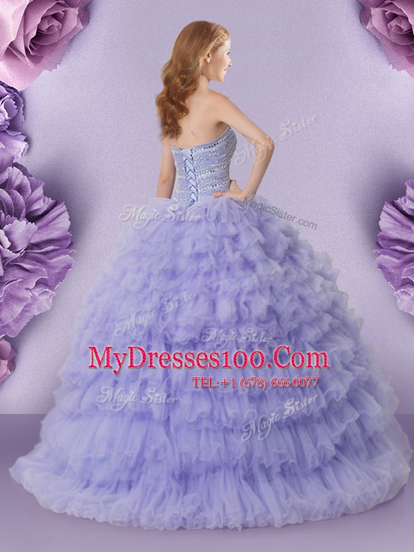 Best Selling Lavender Lace Up Strapless Beading and Ruffled Layers 15th Birthday Dress Tulle Sleeveless