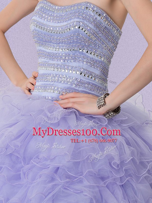 Best Selling Lavender Lace Up Strapless Beading and Ruffled Layers 15th Birthday Dress Tulle Sleeveless