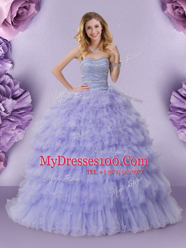 Best Selling Lavender Lace Up Strapless Beading and Ruffled Layers 15th Birthday Dress Tulle Sleeveless