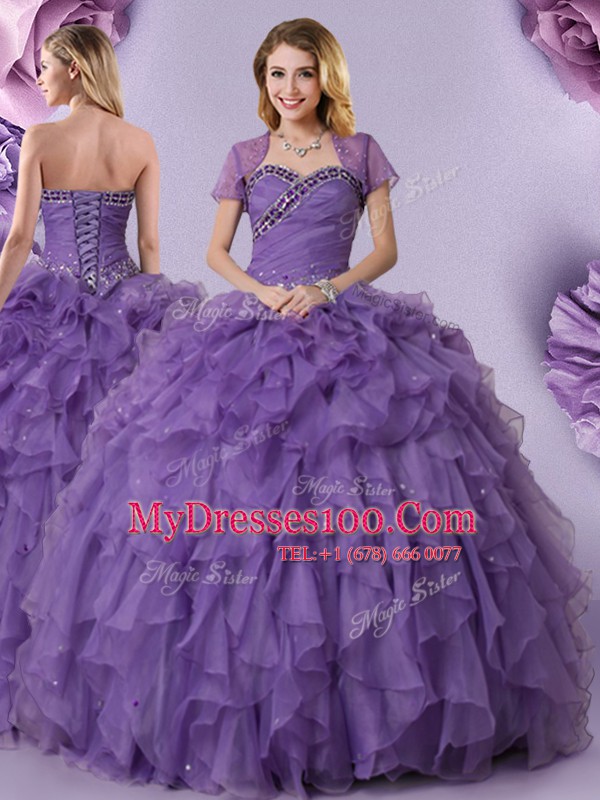 Clearance Purple Sleeveless Organza Lace Up Quince Ball Gowns for Military Ball and Sweet 16 and Quinceanera