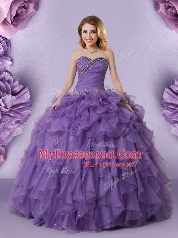 Clearance Purple Sleeveless Organza Lace Up Quince Ball Gowns for Military Ball and Sweet 16 and Quinceanera