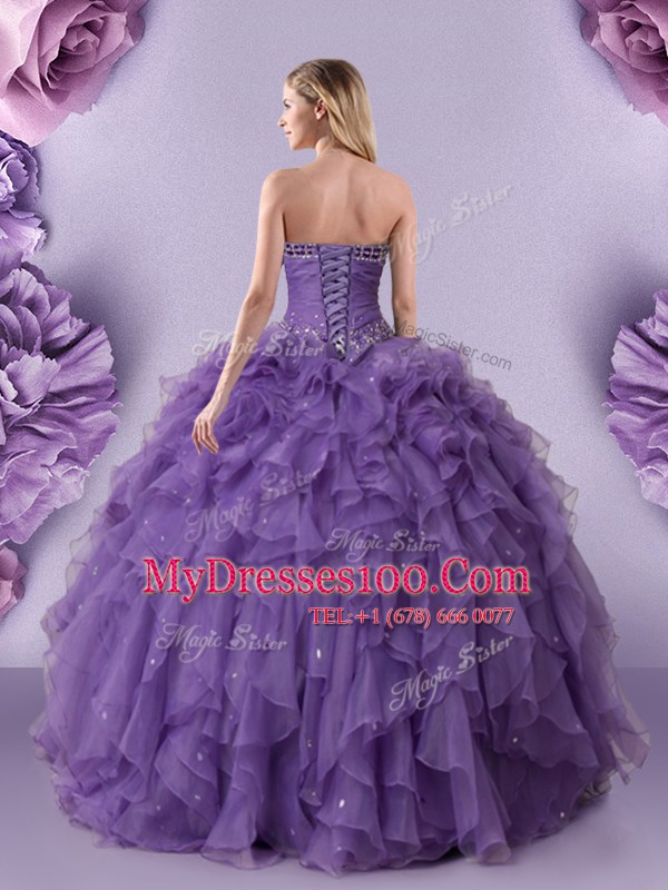 Clearance Purple Sleeveless Organza Lace Up Quince Ball Gowns for Military Ball and Sweet 16 and Quinceanera