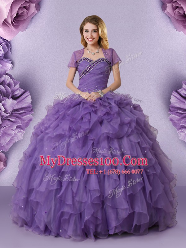 Clearance Purple Sleeveless Organza Lace Up Quince Ball Gowns for Military Ball and Sweet 16 and Quinceanera