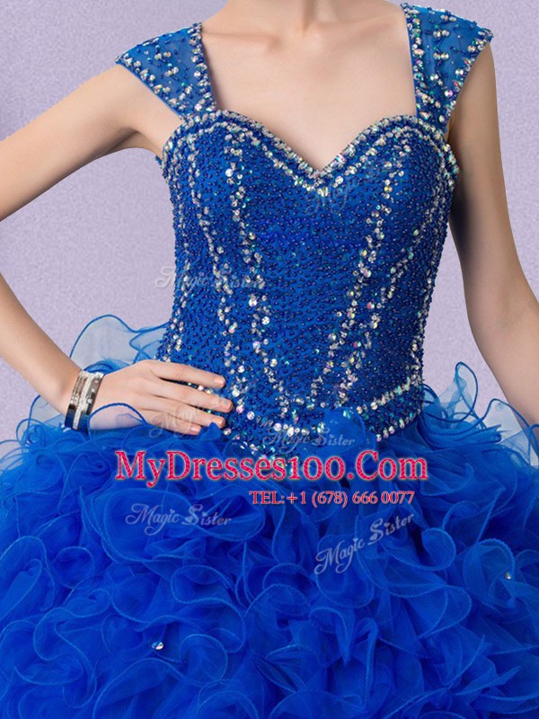 Straps Floor Length Ball Gowns Cap Sleeves Royal Blue Sweet 16 Dress Lace Up