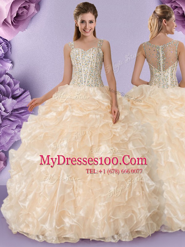 Fashionable Straps Floor Length Zipper Quinceanera Dress Champagne for Military Ball and Sweet 16 and Quinceanera with Beading and Ruffles