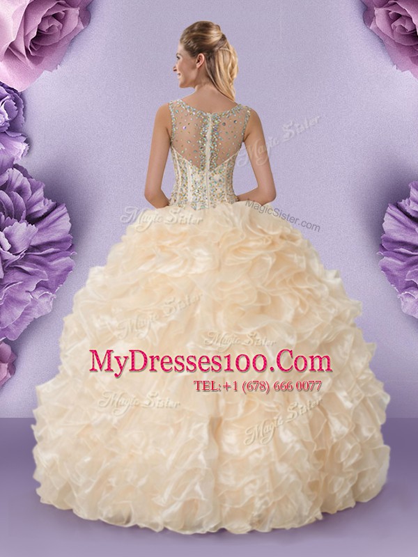 Fashionable Straps Floor Length Zipper Quinceanera Dress Champagne for Military Ball and Sweet 16 and Quinceanera with Beading and Ruffles
