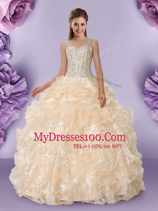 Fashionable Straps Floor Length Zipper Quinceanera Dress Champagne for Military Ball and Sweet 16 and Quinceanera with Beading and Ruffles