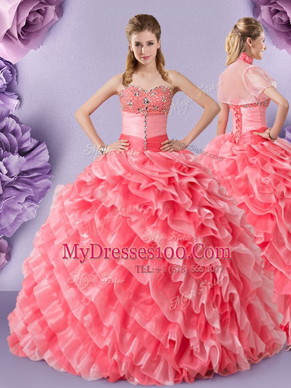 Captivating Floor Length Ball Gowns Sleeveless Watermelon Red Sweet 16 Dresses Lace Up