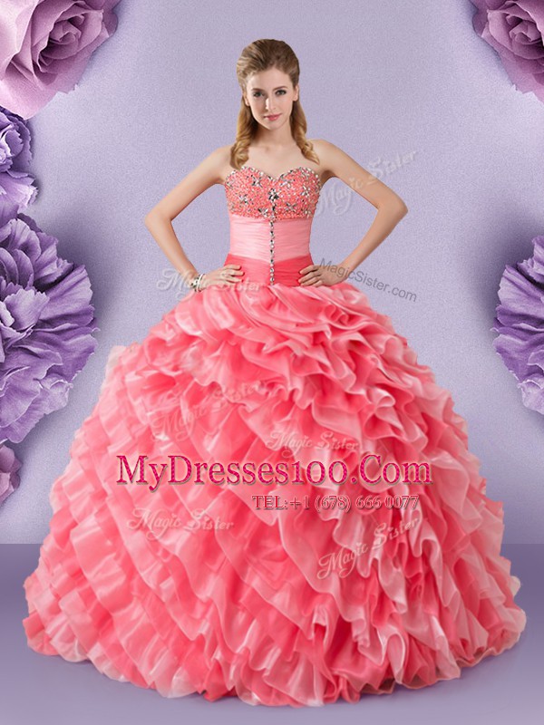 Captivating Floor Length Ball Gowns Sleeveless Watermelon Red Sweet 16 Dresses Lace Up
