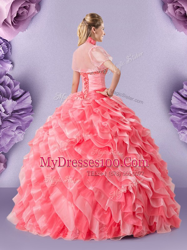 Captivating Floor Length Ball Gowns Sleeveless Watermelon Red Sweet 16 Dresses Lace Up