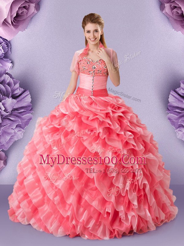 Captivating Floor Length Ball Gowns Sleeveless Watermelon Red Sweet 16 Dresses Lace Up