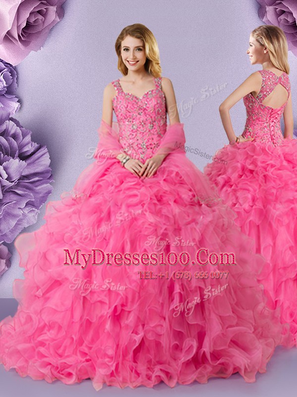 Comfortable Straps Sleeveless Lace Up Quinceanera Gown Hot Pink Organza