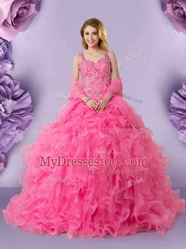 Comfortable Straps Sleeveless Lace Up Quinceanera Gown Hot Pink Organza