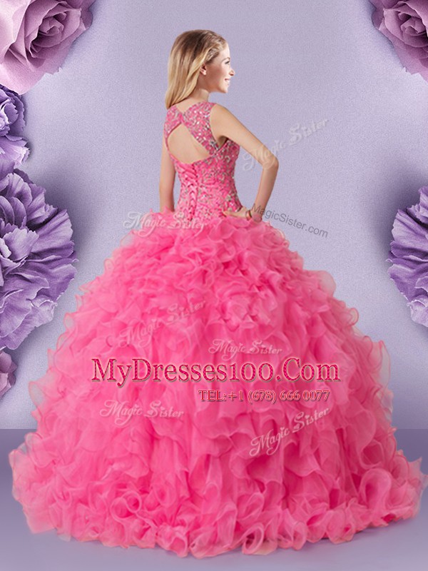 Comfortable Straps Sleeveless Lace Up Quinceanera Gown Hot Pink Organza