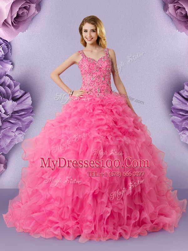 Comfortable Straps Sleeveless Lace Up Quinceanera Gown Hot Pink Organza