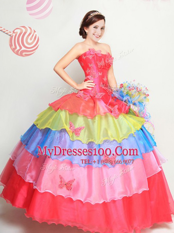 Customized Multi-color Organza Lace Up 15 Quinceanera Dress Sleeveless Floor Length Appliques and Ruffled Layers