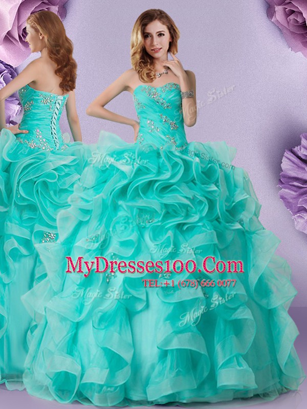 Aqua Blue Sweetheart Lace Up Beading and Ruffles 15th Birthday Dress Sleeveless