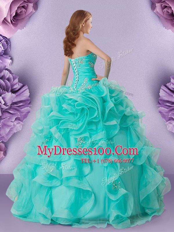 Aqua Blue Sweetheart Lace Up Beading and Ruffles 15th Birthday Dress Sleeveless