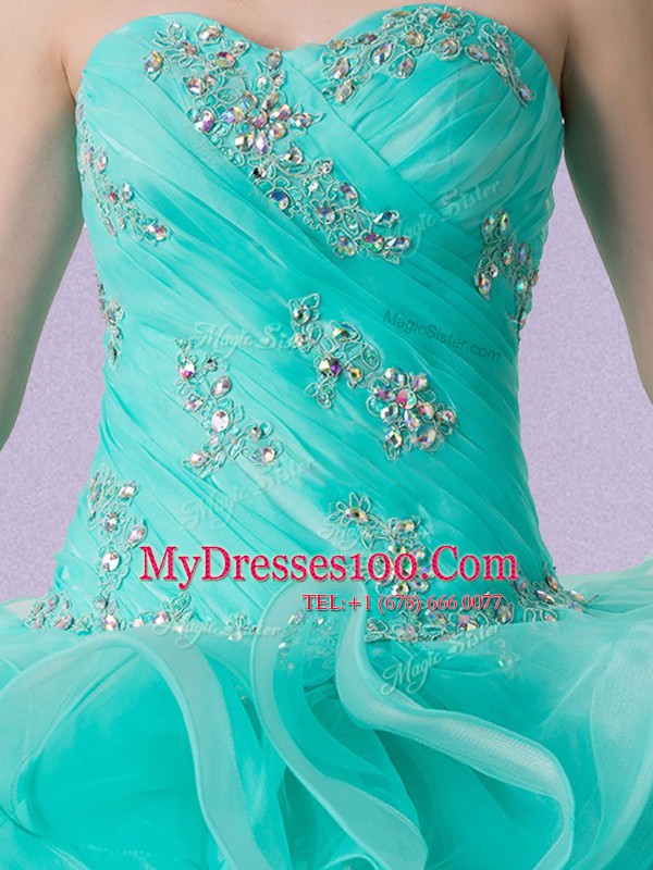 Aqua Blue Sweetheart Lace Up Beading and Ruffles 15th Birthday Dress Sleeveless